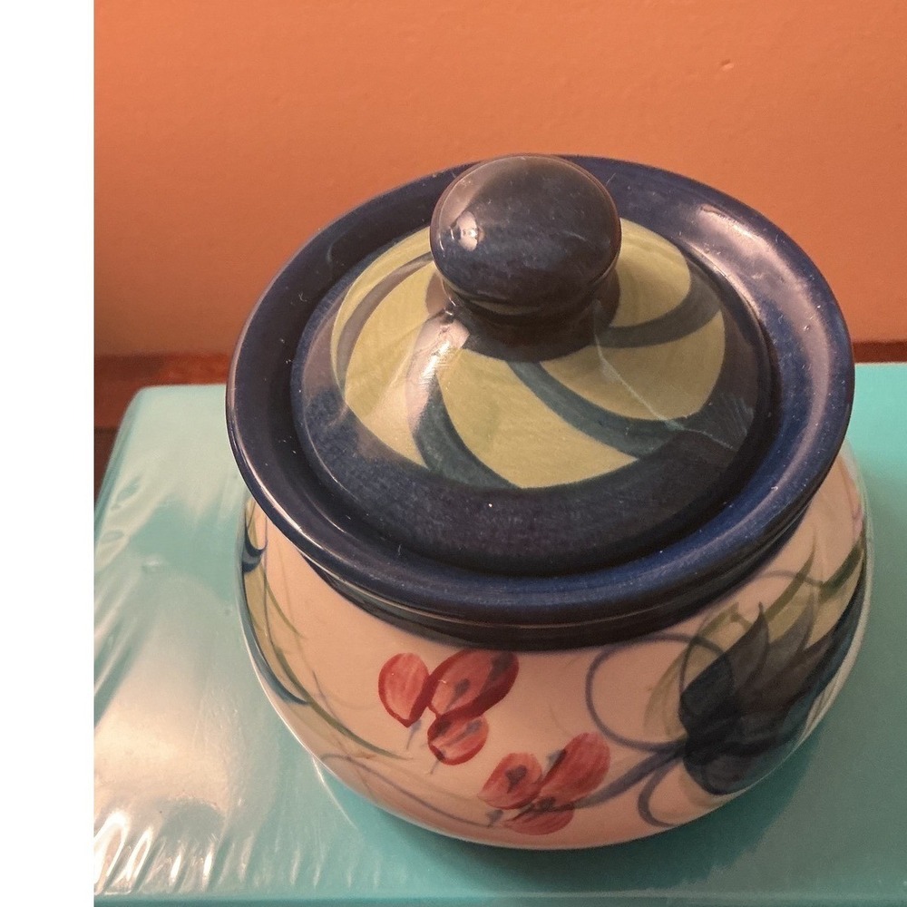 Gail Pittman 1988 Hand Painted Ceramic Lidded Jar Floral Studio Pottery Blue
